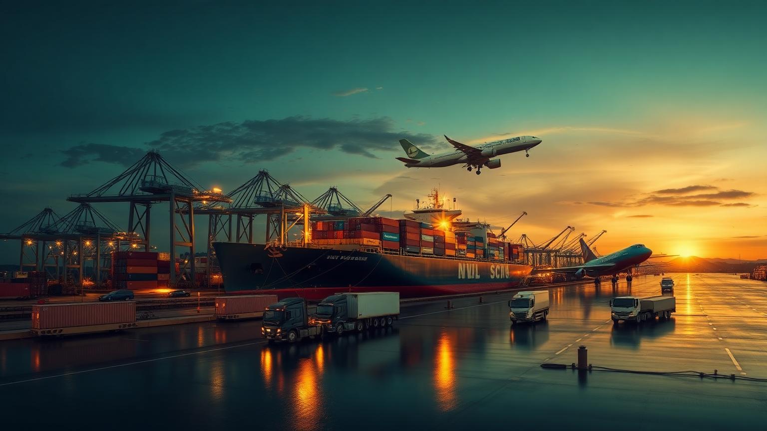 Chaîne logistique internationale : navire, avion cargo et camions